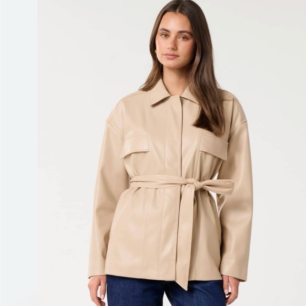 Ever New Beige Belted Leather Jacket